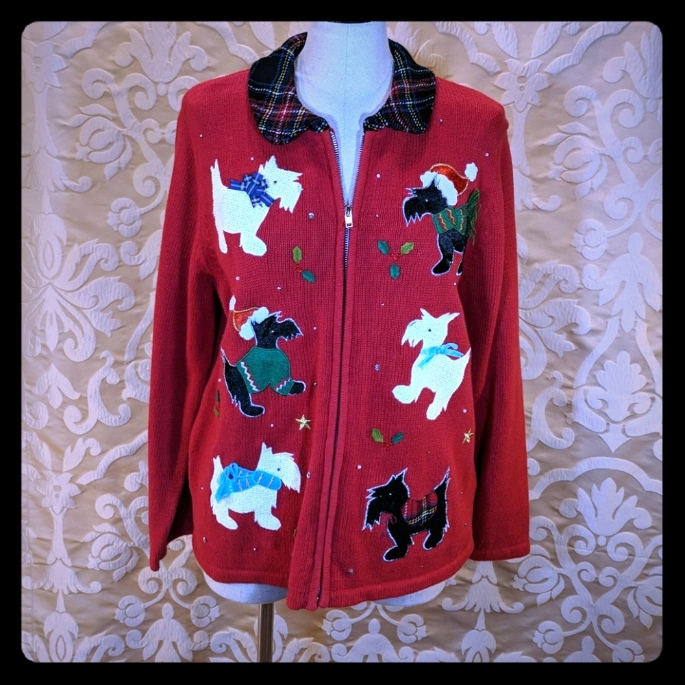 Mercer Street Christmas cardigan sweater dogs L